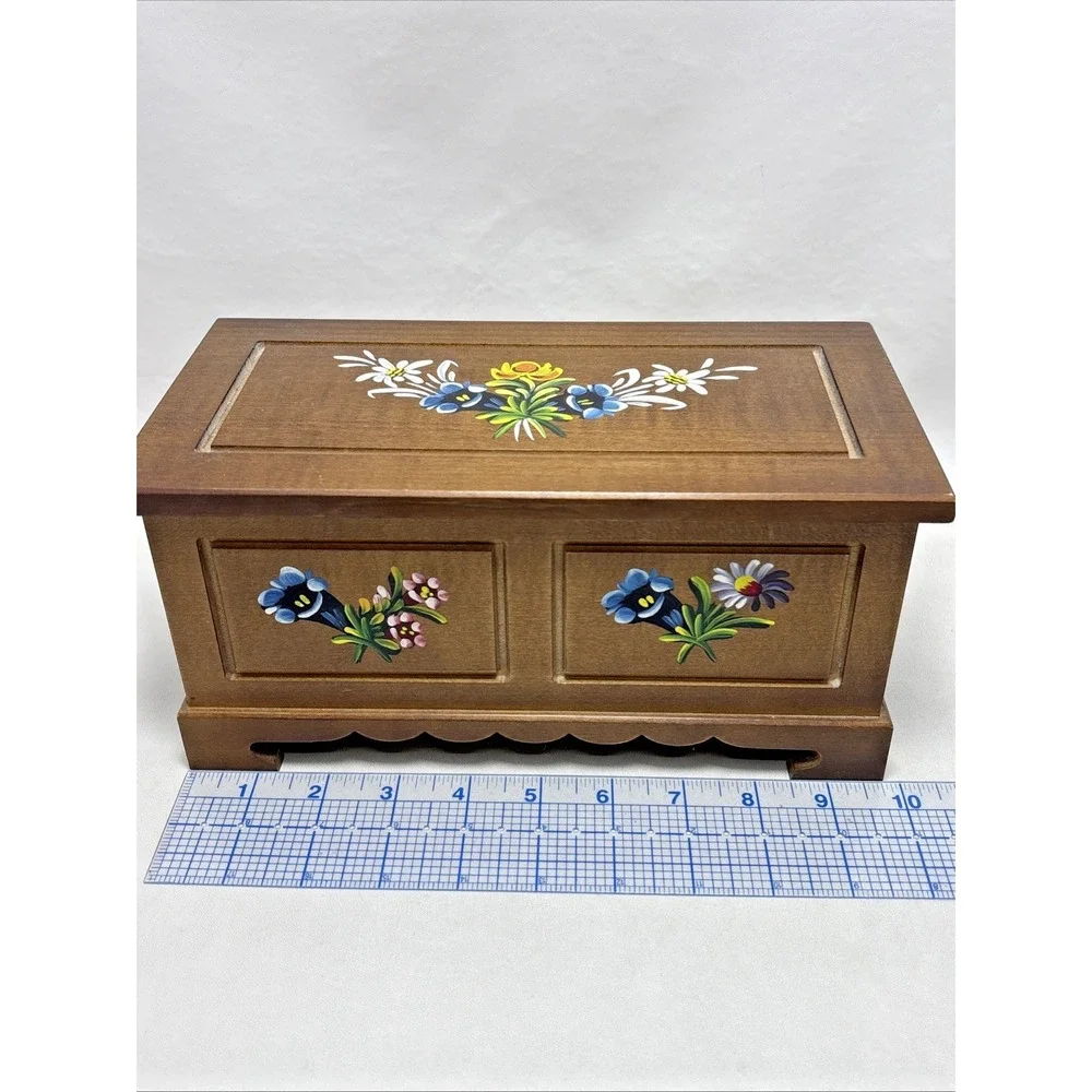 Reuge Swiss Jewelry Music Box Edelweiss Hand Painted Floral Wooden Vintage Works